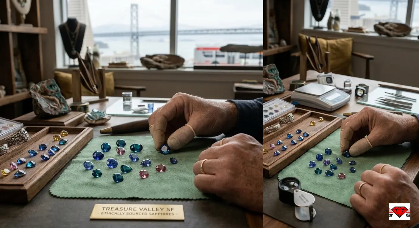 Expert ethically sourced sapphire selection San Francisco - Treasure Valley SF technically superior technical quality assurance - master horologist meticulously conducting GIA certified loose stone analysis for bespoke designs at a traditional workspace