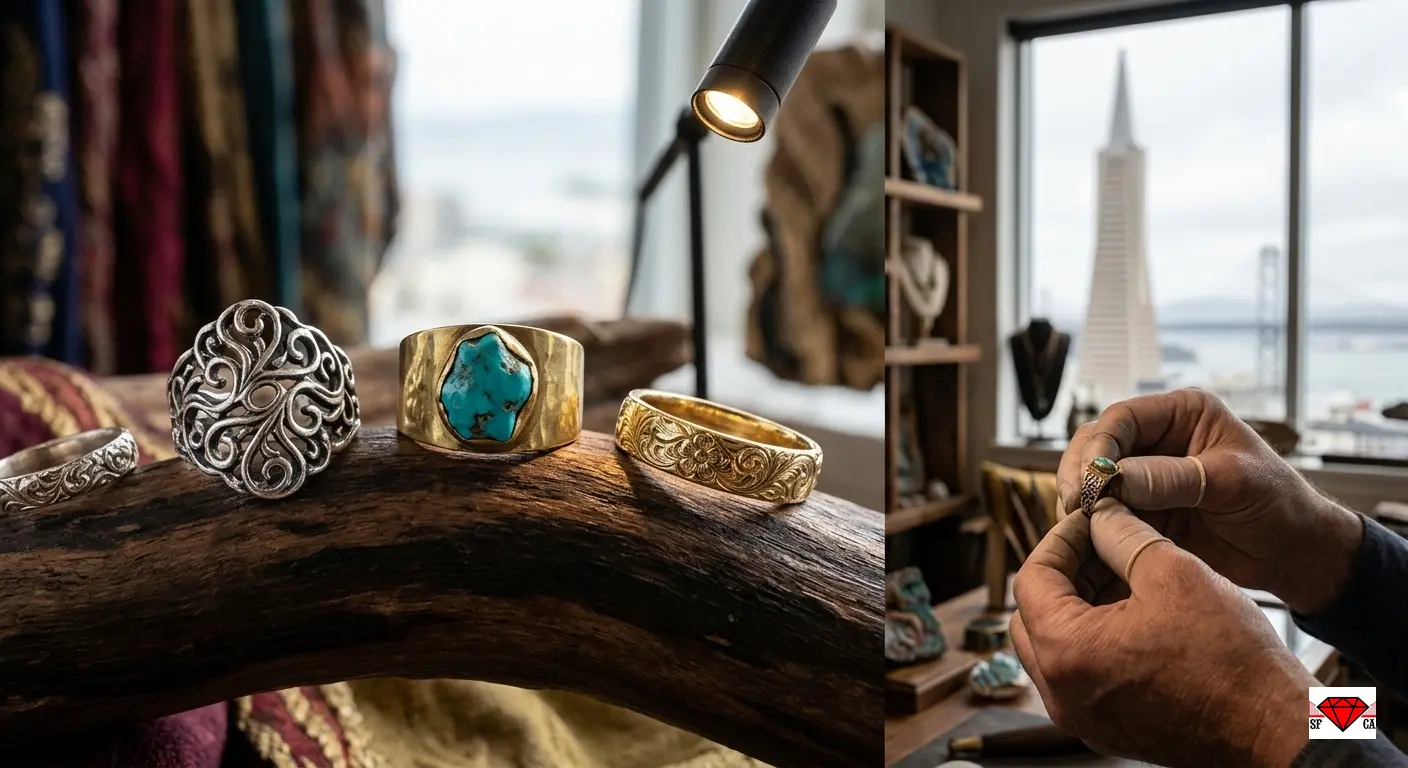 Expert hand-carved artisan ring showcase San Francisco - Treasure Valley SF technically superior technical quality assurance - master goldsmith meticulously positioning a delicate filigree ring at a traditional workspace