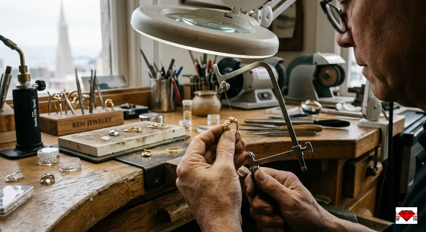 Expert jewelry bench work San Francisco - Ken Jewelry goldsmith meticulously hand-crafting a yellow gold ring at a traditional workspace
