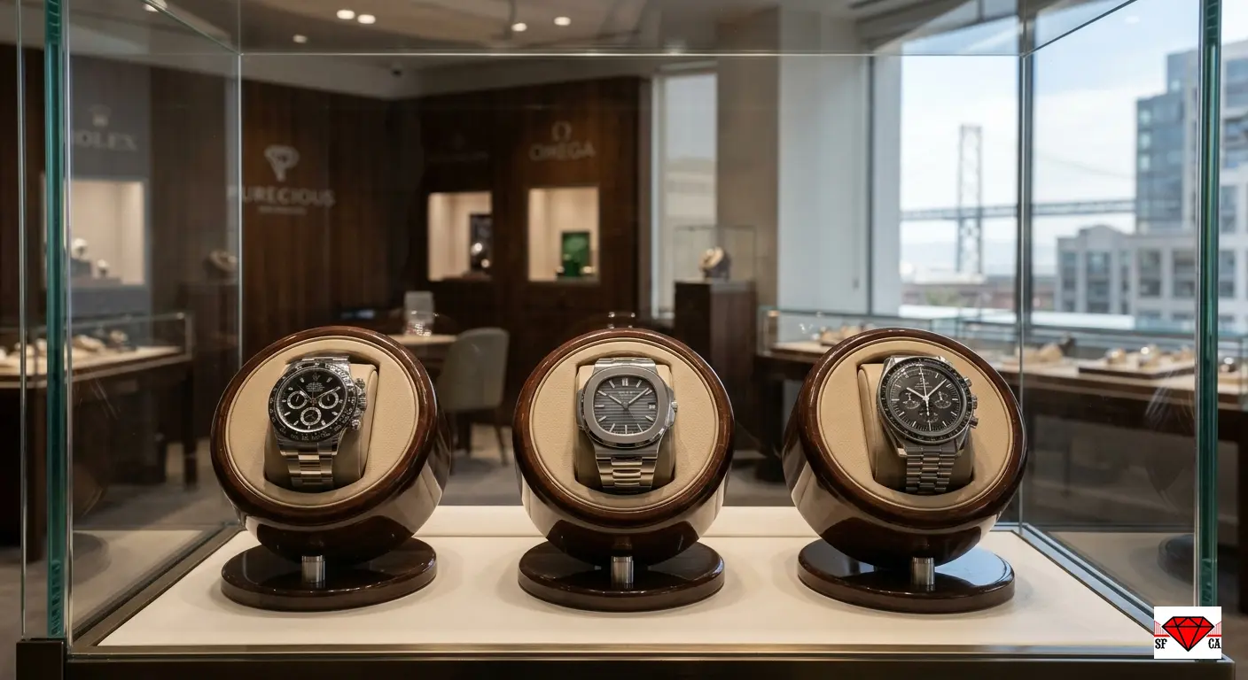 Expert luxury watch selection San Francisco - Purecious Jewelry SF technically superior technical quality assurance - master horologist meticulously analyzing a delicate vintage mechanical watch movement for deep maintenance at a traditional workspace