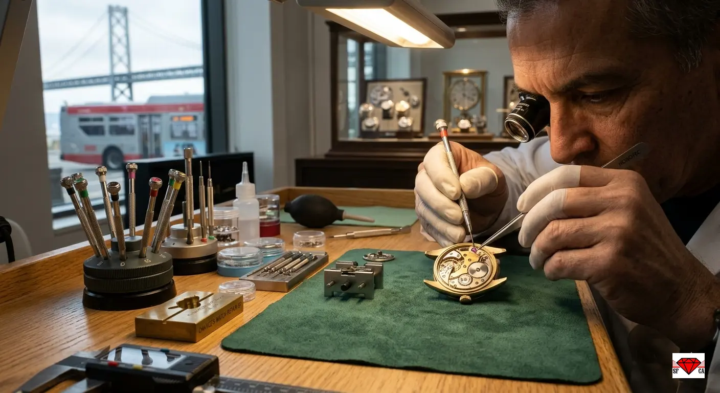 Expert precision watchmaker tools San Francisco - Chavez's Fine Watch Repair SF horologist meticulously assembling a vintage mechanical movement at a traditional workspace