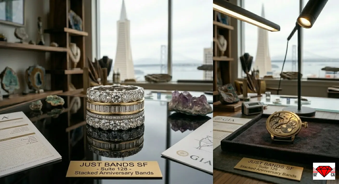 Technically superior stacked diamond anniversary bands showcase - Just Bands SF curated assortment of 18k white, yellow gold and platinum eternity and baguette bands on minimalist black glass reflection display