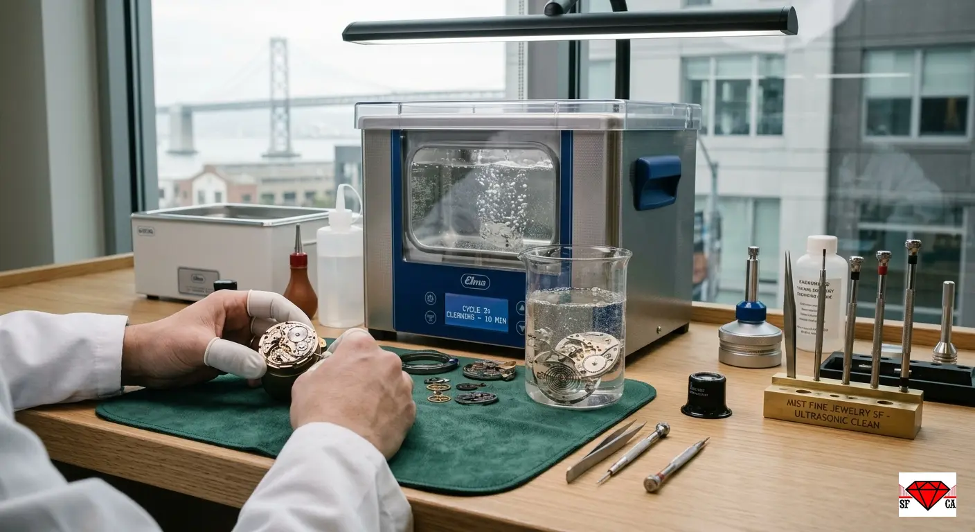 Professional jewelry ultrasonic cleaning process San Francisco - Mist Fine Jewelry SF technically superior technical quality assurance - master horologist meticulously analyzing a delicate vintage mechanical watch movement for deep maintenance at a traditional workspace